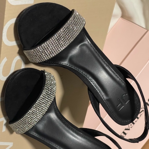 Black suede crystal sling back embellished sandal heels - Picture 3 of 7